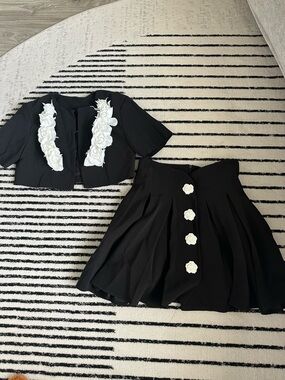 Black Pleated Skirt with White Rose Buttons - Women's Skirt